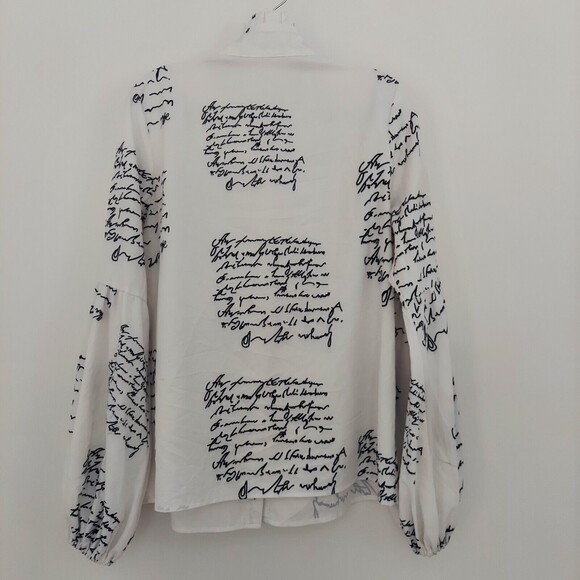 FHQ Womens M Shirt Script Top Ruffle Collar Button Front Poet Sleeves White - Picture 9 of 12